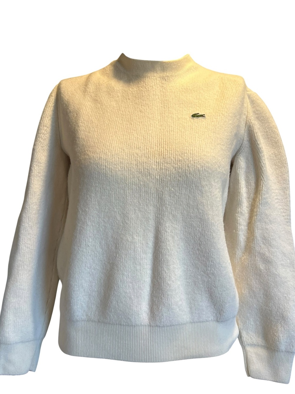 Lacoste Cream Mock Neck Sweater with Green Crocodile Logo.